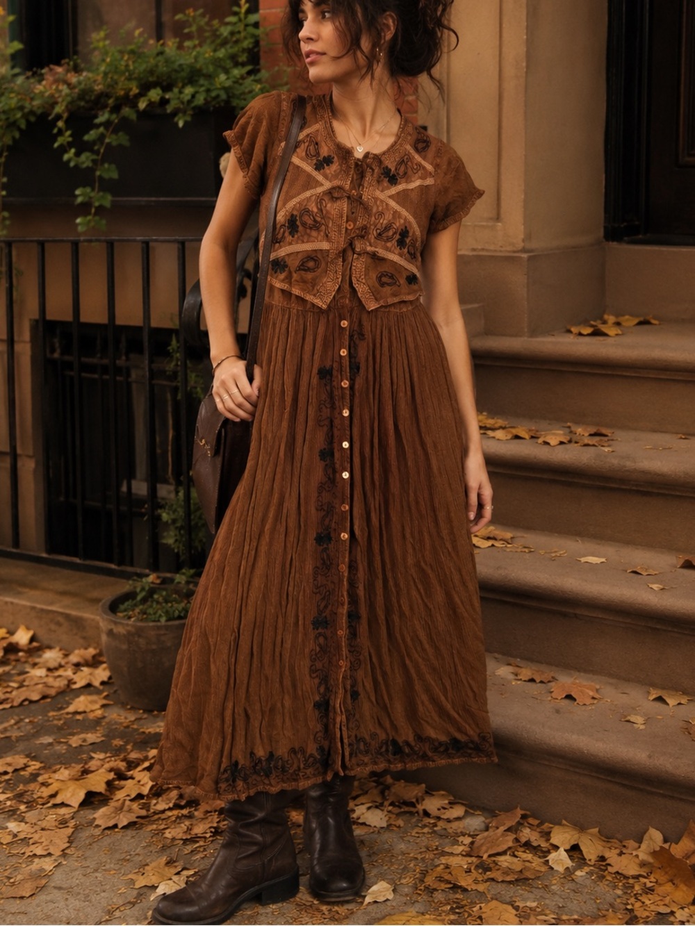 Boho Witch Peasant Dress Women’s Size Medium Earthy Whimsical Brown Medieval VTG